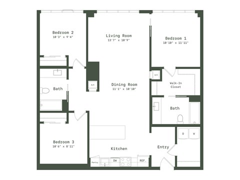 Floor plan for 3 beds, 2 baths, 1329 sqft
